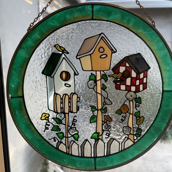 Vintage Joan Baker Handpainted Stained Glass Suncatcher Bird Houses Green Circle - Picture 2 of 3